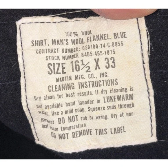 VTG 1974 US Military Wool Flannel Shirt Navy CPO Size 16.5x33 Martin Vietnam Era
